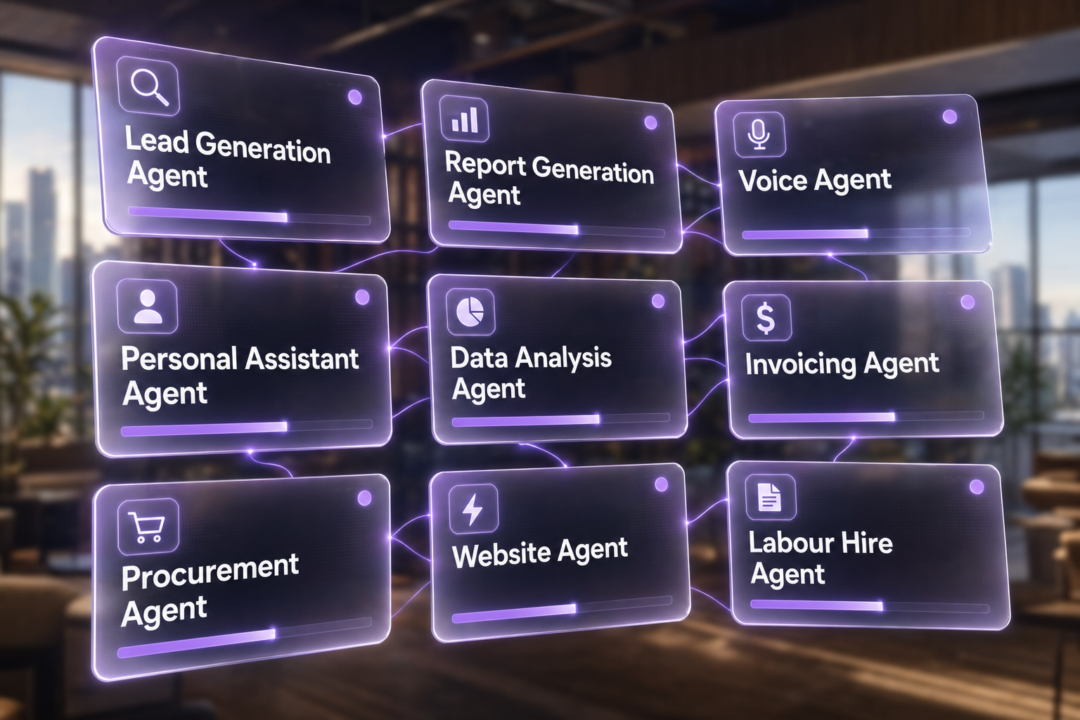 The full CrewAmp roster — 9 AI agents arranged as a 3 by 3 grid of glowing UI cards, each labelled with its agent name and icon, connected by violet light threads