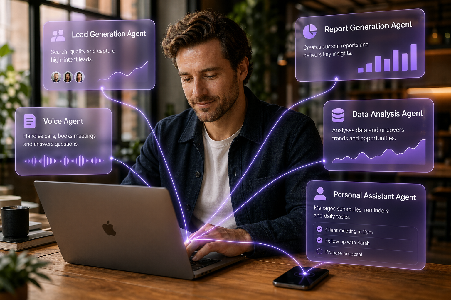 An Australian SMB founder using CrewAmp AI agents — Lead Generation, Report Generation, Voice, Data Analysis, and Personal Assistant agents floating above his laptop and phone